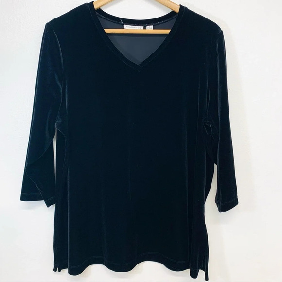 Susan Graver Black Velvet Top Woman 1X  Stretch Boho Witchy Goth Holiday V Neck - Picture 1 of 10